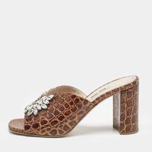 Miu Miu Brown Embossed Croc Crystal Embellished Slide Sandals Size 38