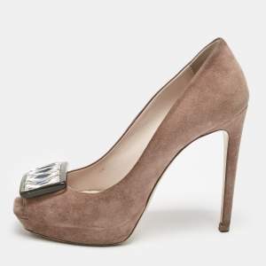 Miu Miu Beige Suede Crystal Embellished Peep Toe Platform Pumps Size 37