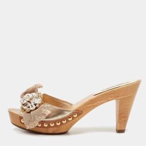 Miu Miu Gold Leather Crystal Embellished Clogs Size 37