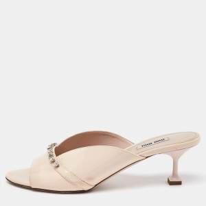 Miu Miu Cream Patent Leather Crystal Embellished Open Toe Mules Size 39.5