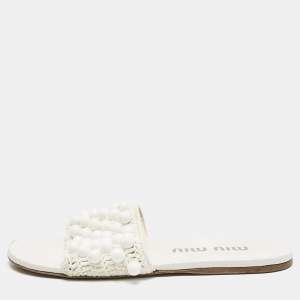 Miu Miu White Crochet Beaded Slide Flats Size 39