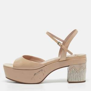 Miu Miu Beige Patent Leather Ankle Strap Sandals Size 38