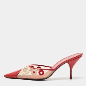 Miu Miu Red/Beige Leather and Mesh Pointed Toe Mules Size 40