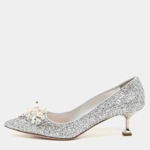 Miu Miu Silver Studded Glitter Crystal Embellished Pointed-Toe Pumps Size 38.5