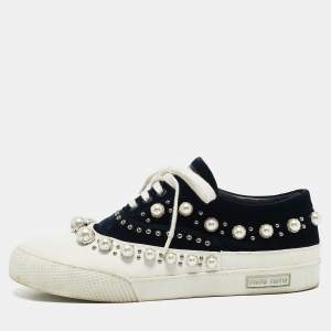 Miu Miu Navy Blue/White Velvet Faux Pearl Embellished Low Top Sneakers Size 39