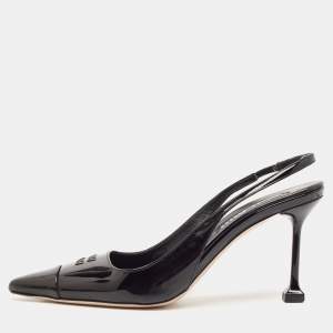 Miu Miu Black Leather Logo Pointed Cap Toe Slingback Pumps Size 37.5