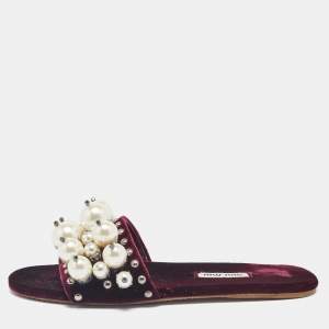 Miu Miu Burgundy Velvet Faux Pearl Embellished Flat Slides Size 35.5