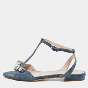 Miu Miu Blue Denim Crystal Embellished Ankle Strap Flat Sandals Size 35.5