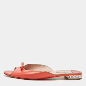 Miu Miu Orange Patent Leather Crystal Embellished Heel Bow Flat Slides Size 41
