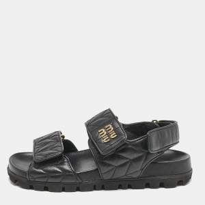 Miu Miu Black Leather  Sporty Matelassé Slingback Sandals Size 37 