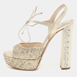 Miu Miu Gold Glitter Ankle Tie Platform Pumps Size 38