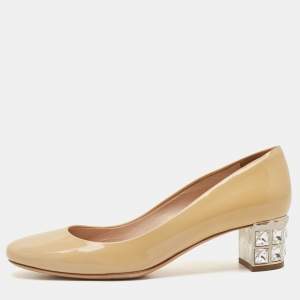 Miu Miu Beige Patent Leather Crystal Embellished Block Heel Pumps Size 36.5