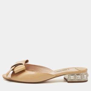 Miu Miu Beige Patent Leather Crystal Embellishment Mule Sandals Size 38