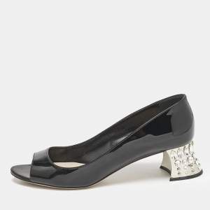 Miu Miu Black Patent Leather Crystal Block Heel Open Toe Pumps Size 37.5