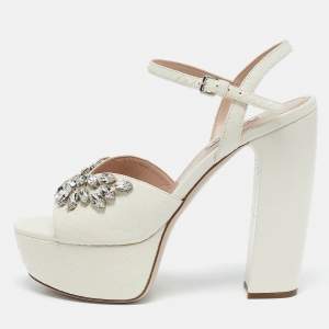 Miu Miu White Ayers Crystal Embellished Platform Sandals Size 38
