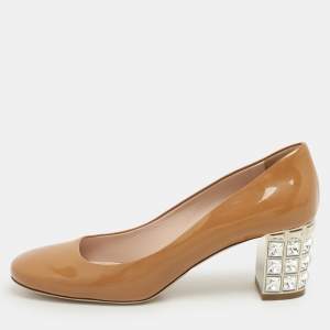 Miu Miu Brown Patent Leather Crystal Embellished Block Heel Pumps Size 39.5