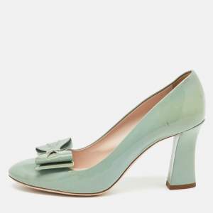 Miu Miu Light Mint Green Patent Leather Bow Block Heel Pumps Size 38