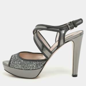 Miu Miu Grey Glitter and Leather Criss Cross Platform Pumps Size 40.5