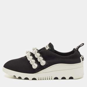 Miu Miu Black Knit Fabric Crystal Embellished Slip On Sneakers Size 37.5