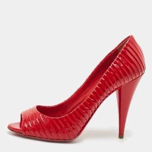 Miu Miu Red Patent Leather Pleated Peep Toe Pumps Size 37.5
