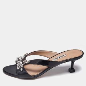 Miu Miu Black Patent Leather Crystal Embellished Slide Sandals Size 36