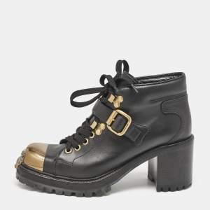 Miu Miu Black lLather Block Heel Ankle Combat Boots Size 36