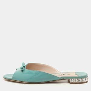 Miu Miu Mint Green Patent Leather Bow Crystal Embellished Heel Flat Slides Size 37