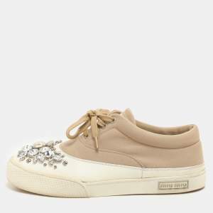 Miu Miu Beige/White Canvas and Rubber Crystal Embellished Cap Toe Sneakers Size 36.5