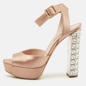 Miu Miu Beige Satin Crystal Embellished Block Heel Ankle Strap Platform Sandals Size 38.5