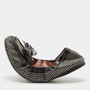 Miu Miu Black Patent Leather Studded Bow Scrunch Ballet Flats Size 38.5