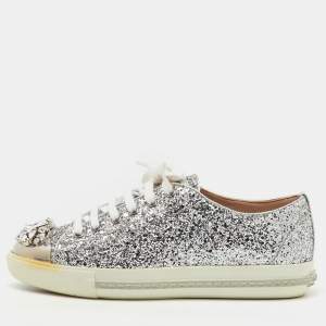 Miu Miu Silver Glitter Crystal Embellished Lace Up Sneakers Size 37.5