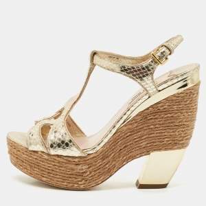 Miu Miu Gold Snakeskin Embossed Patent Leather Cut Out Platform Sandals Size 38