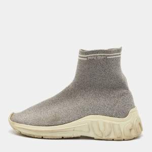 Miu Miu Silver Knit Lurex Fabric Sock Sneakers Size 38