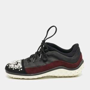 Miu Miu Black/Burgundy Canvas and Suede Crystal Embellished Sneakers Size 37.5