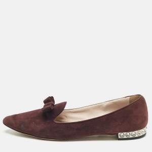 Miu Miu Burgundy Suede Bow Pointed Toe Smoking Slippers Size 38.5