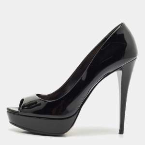 Miu Miu Black Patent Leather Crystal Embellished Heel Peep Toe Pumps Size 38