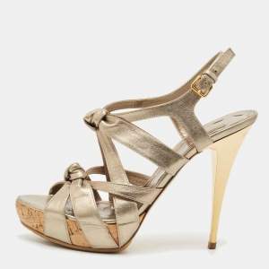 Miu Miu Metallic Leather Bow Ankle Strap Platform Sandals Size 41