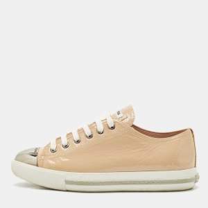 Miu Miu Beige Patent Leather Metal Cap Toe Low Top Sneakers Size 38.5