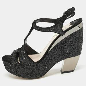 Miu Miu Black Glitter Wedge Slingback Sandals Size 41