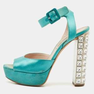 Miu Miu Green Satin Crystal Embellished Heel Ankle Strap Sandals Size 37