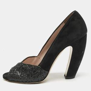 Miu Miu Black Glitter and Suede Curved Peep Toe Pumps Size 37.5