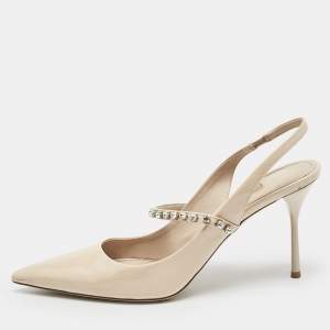 Miu Miu Beige Patent Leather Crystal Embellished Slingback Pump Size 40