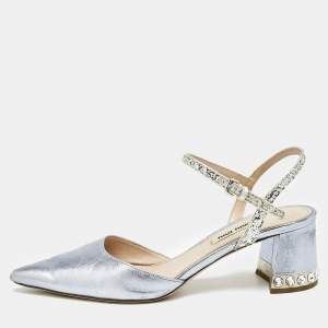 Miu Miu Metallic Blue Leather and Glitter Crystal Embellished Block Heel Pumps Size 38