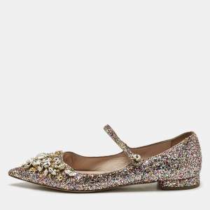 Miu Miu Multicolor Glitter Mary Jane Crystals Ballet Flats Size 37.5