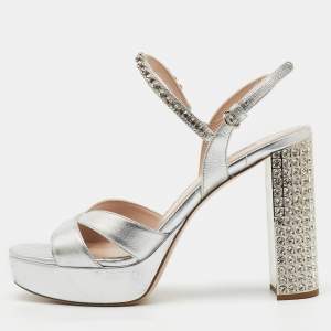 Miu Miu Silver Leather Crystal Embellished Ankle Strap Platform Sandals Size 40