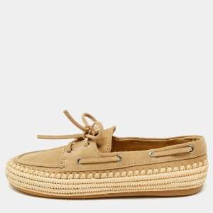 Miu Miu Beige/Green Suede and Raffia Boat Loafers Size 37