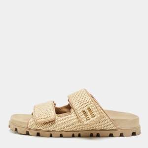 Miu Miu Beige Woven Raffia Effect Flat Slide Sandals Size 37