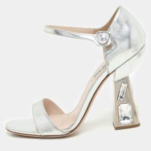 Miu Miu Silver Leather Crystal Embellished Heel Ankle Strap Sandals Size 38