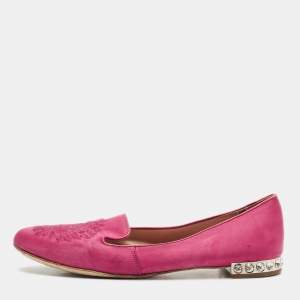 Miu Miu Red Satin Embroidered Velvet Crystal Embellished Smoking Slippers Size 37