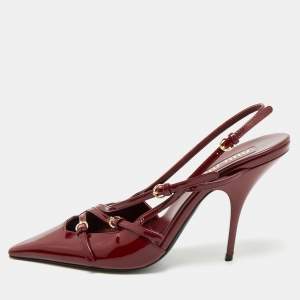 Miu Miu Burgundy Patent Leather Pointed Toe Buckle Slingback Pumps Size 39.5